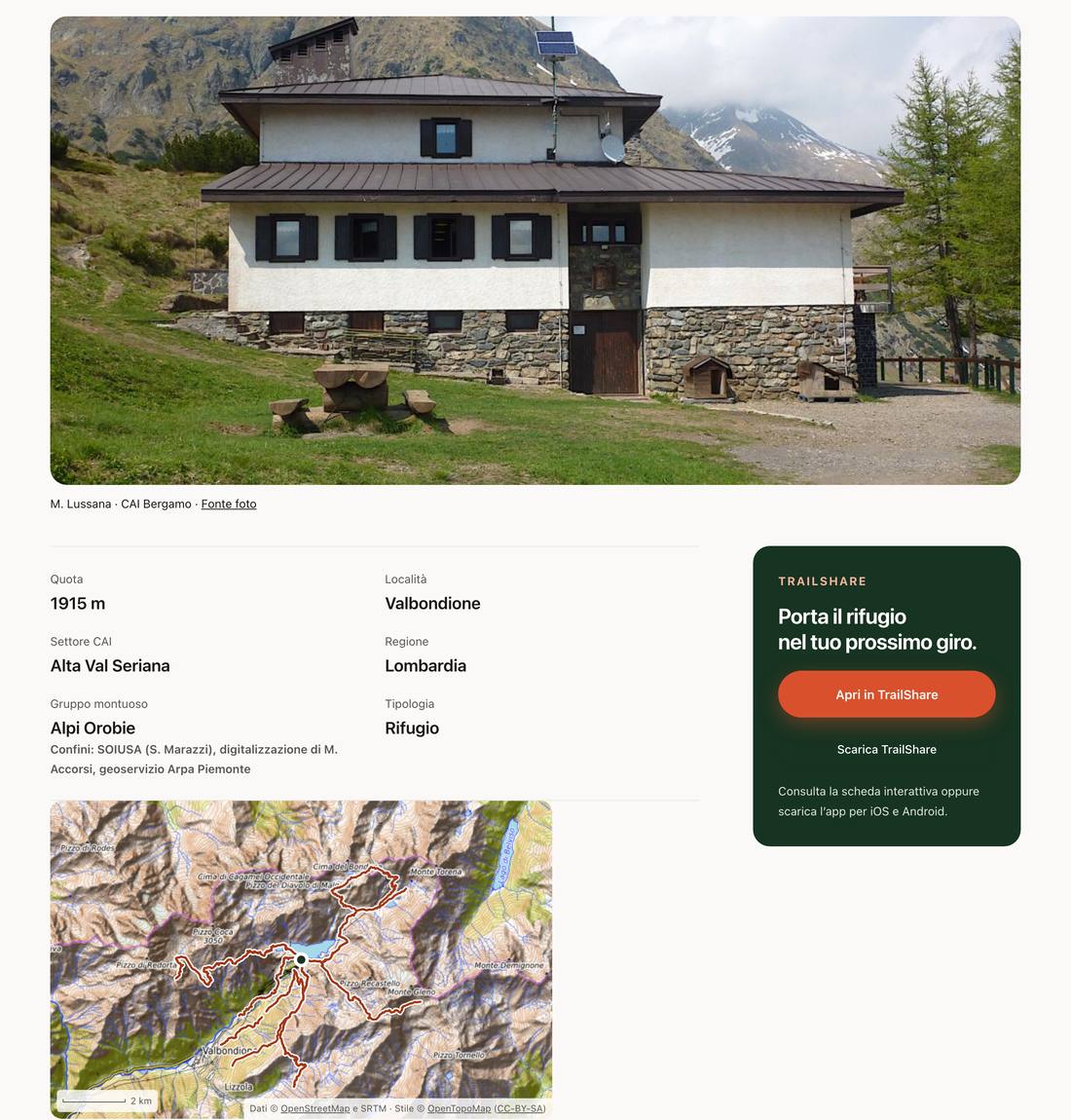 La scheda del Rifugio Antonio Curò: la fotografia con l'autore, la quota, il settore CAI, il gruppo montuoso con la fonte dei confini, e la mappa topografica con i sentieri disegnati sopra